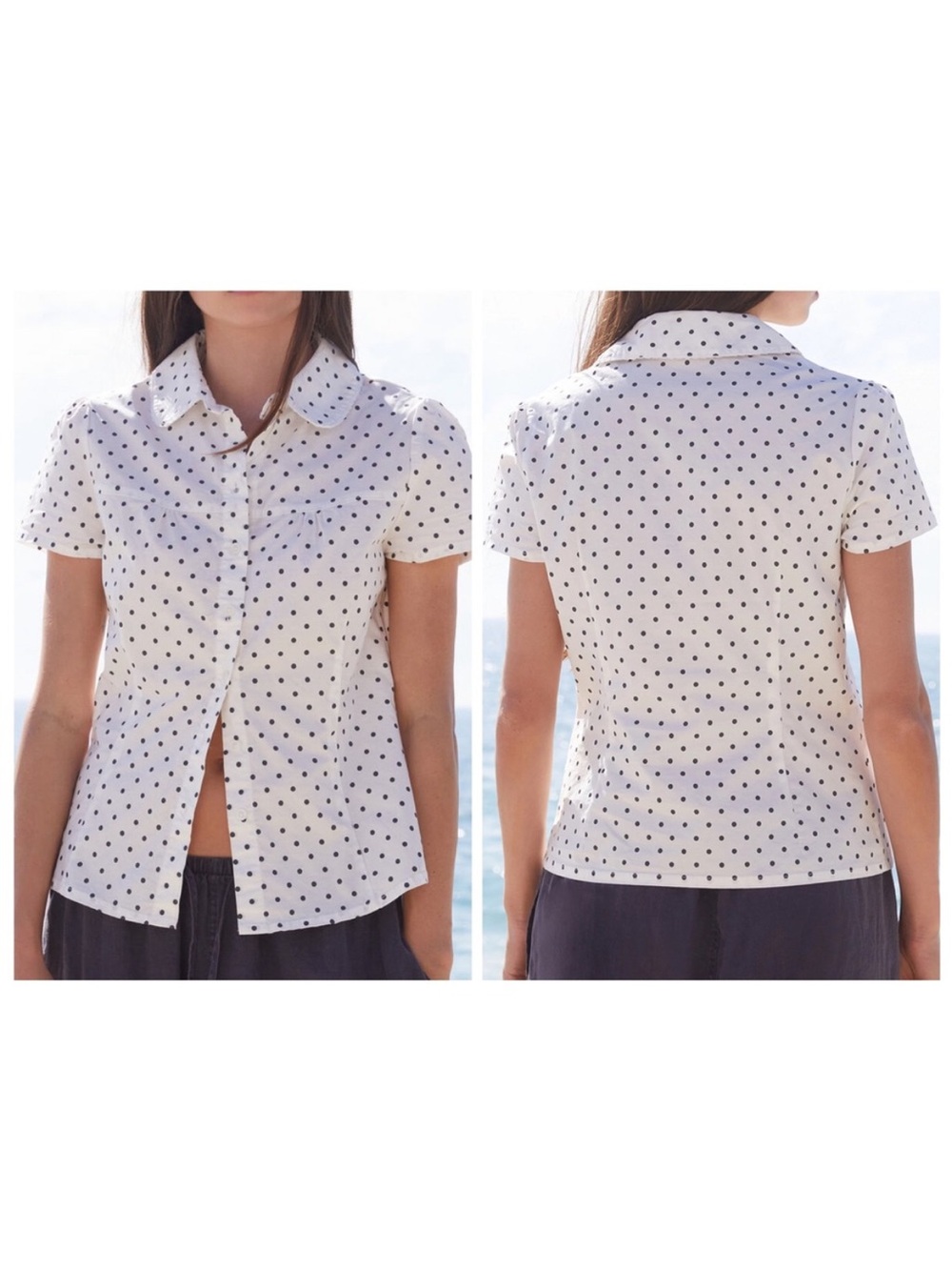 Cotton Blend Button Up Shirt Womens One Size White Polka Dot Peter Pan Collar